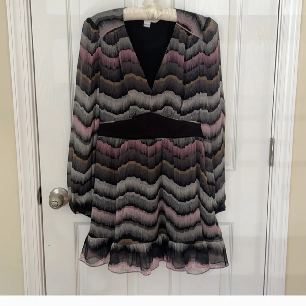 Multi- colored silk overlay printed v-neck dress - Picture 4 of 11